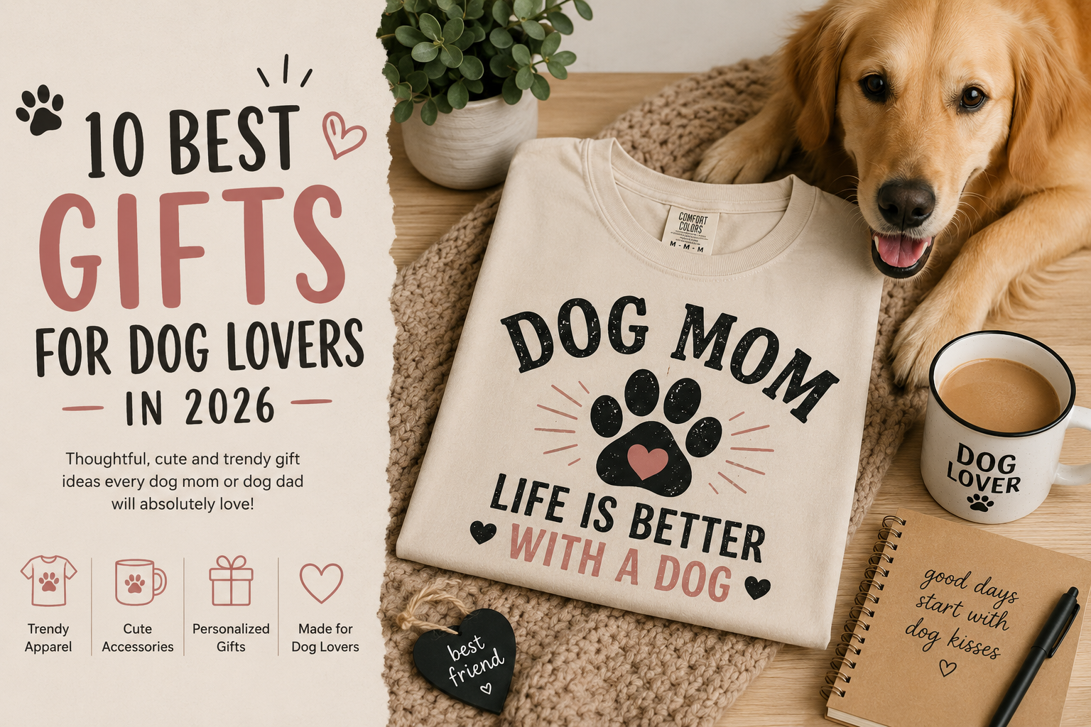 Dog lover gift ideas banner featuring trendy dog mom t-shirts, tote bags, mugs, and accessories for pet lovers in 2026